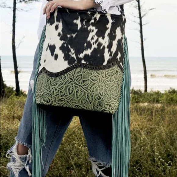 Myra bag embossed leather, studs and hair on hide fringe purse - Picture 1 of 6